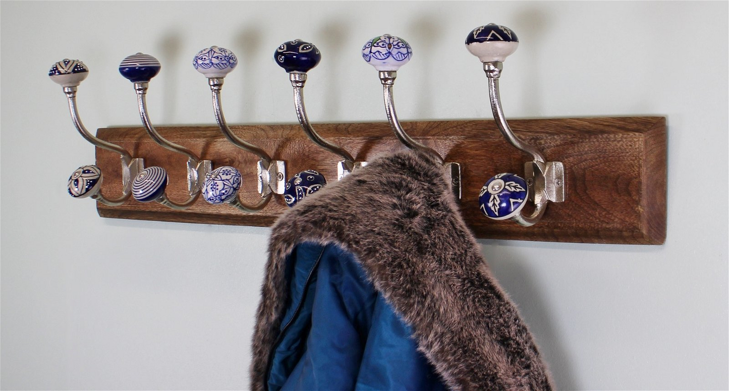 6 Double Ceramic Blue & White Coat Hooks On Wooden Base