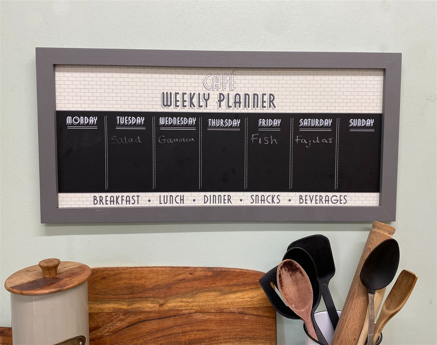 Bistro Cafe Wooden Grey Chalkboard Week Planner 67cm