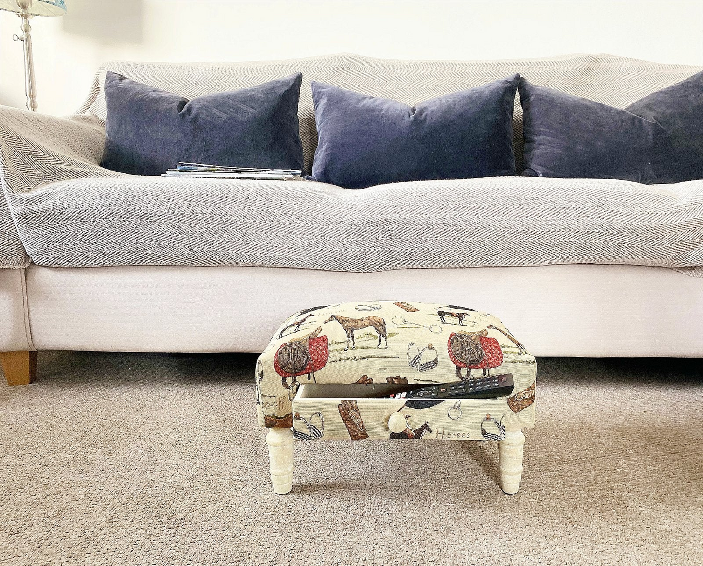 Equestrian Fabric Footstool with Drawer