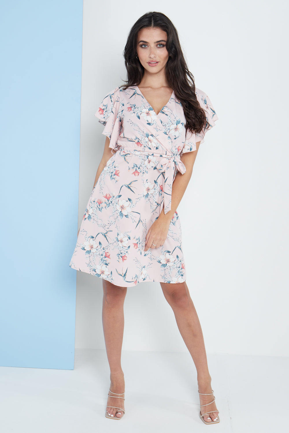 Angel Sleeves Wrap Dress In Pink Floral Print