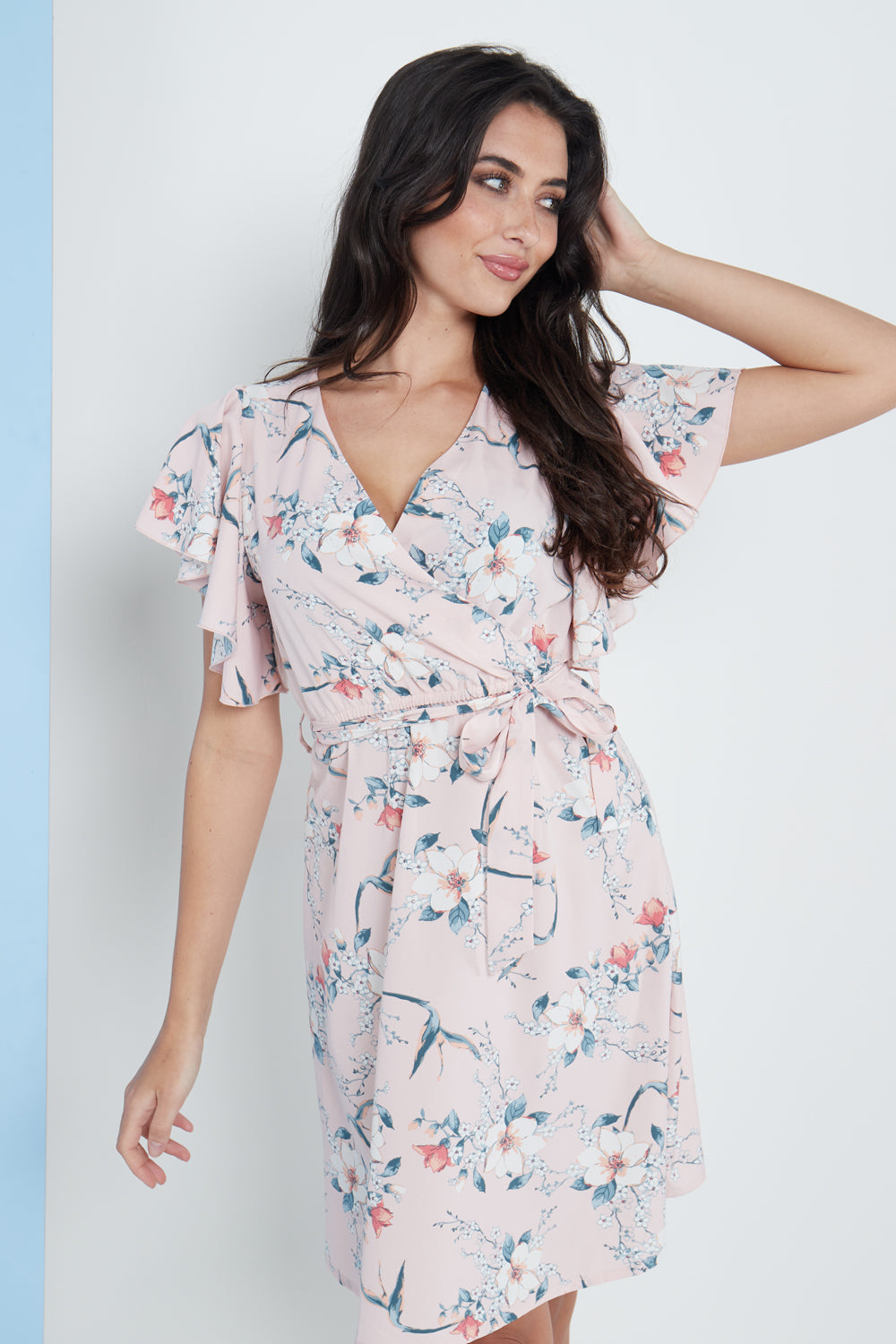 Angel Sleeves Wrap Dress In Pink Floral Print