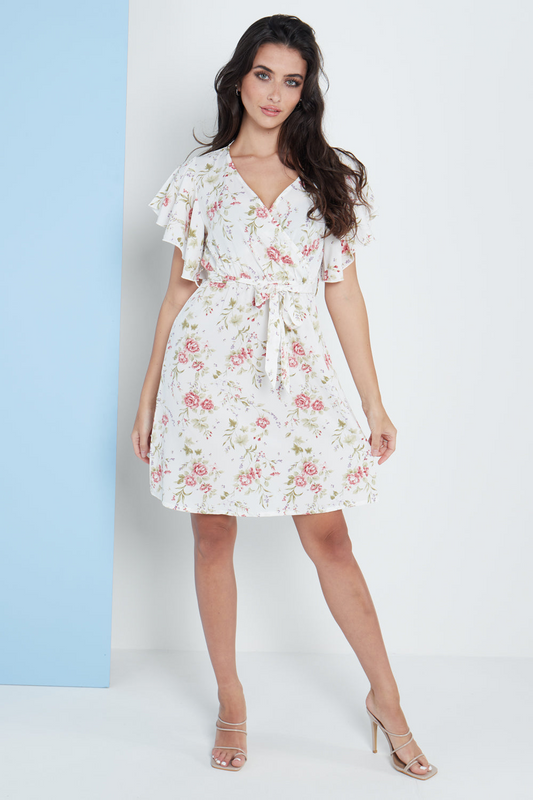 Angel Sleeves Wrap Dress In White Floral Print