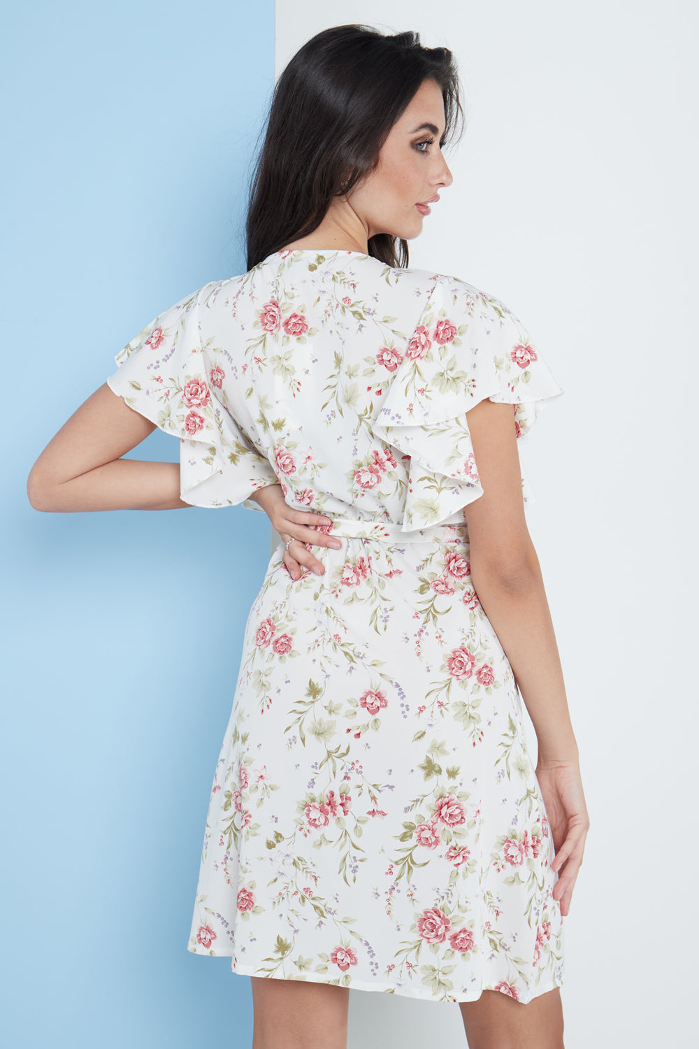 Angel Sleeves Wrap Dress In White Floral Print