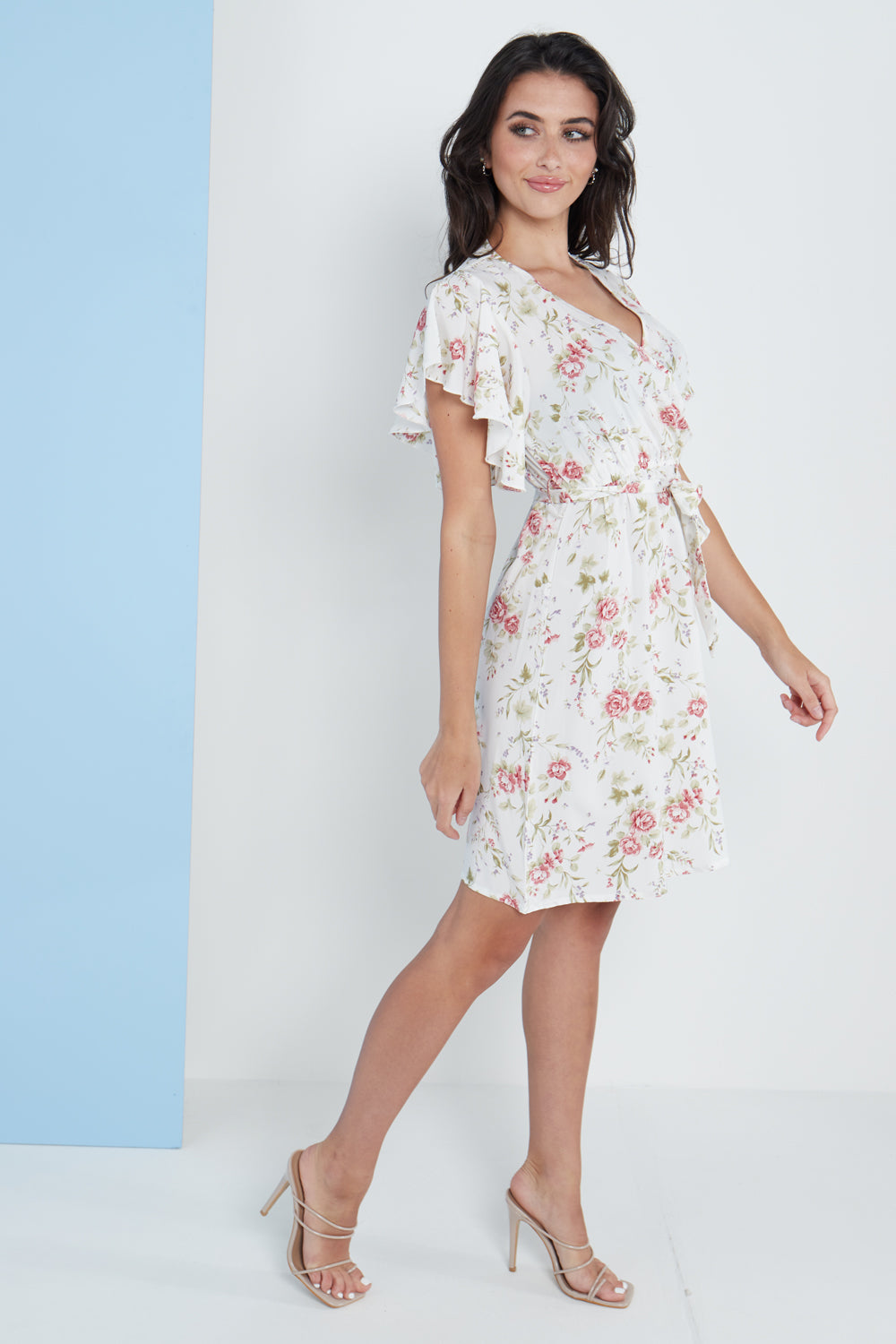 Angel Sleeves Wrap Dress In White Floral Print