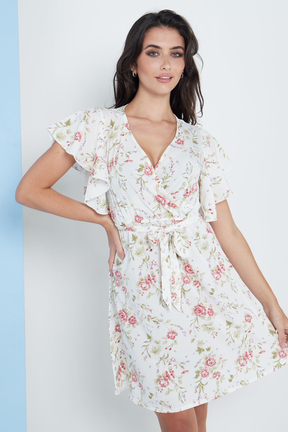 Angel Sleeves Wrap Dress In White Floral Print