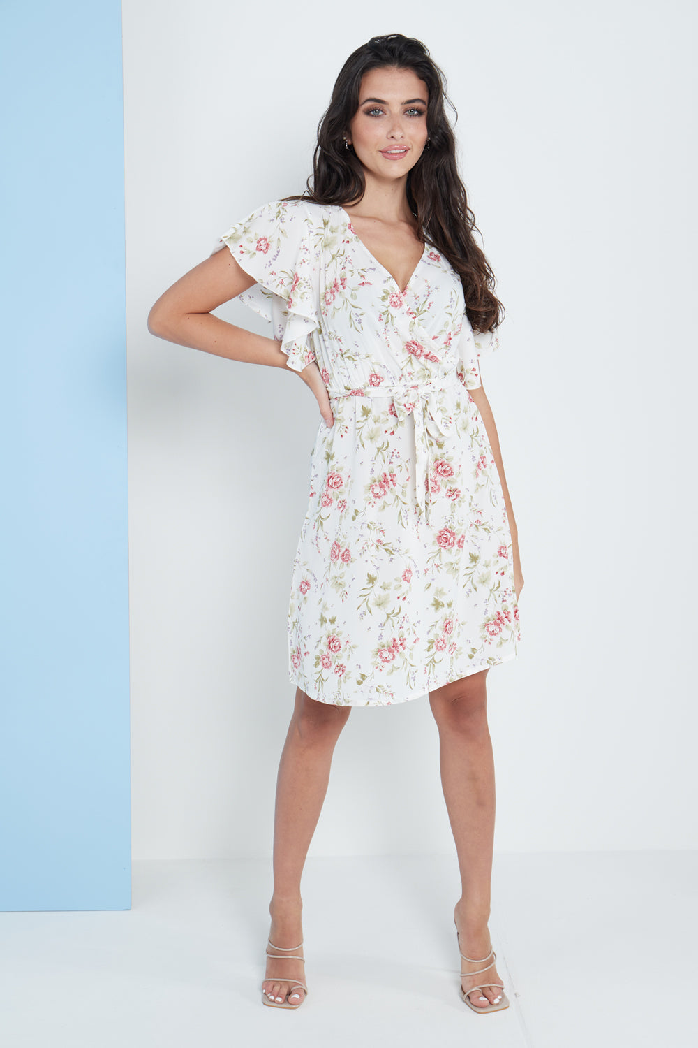 Angel Sleeves Wrap Dress In White Floral Print