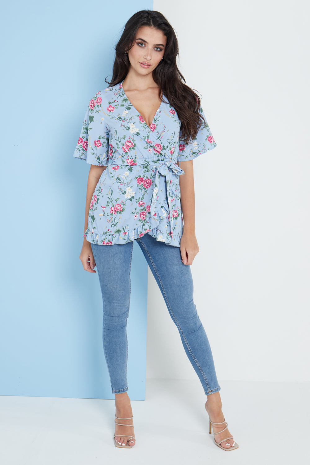 Blue Floral Wrap Top