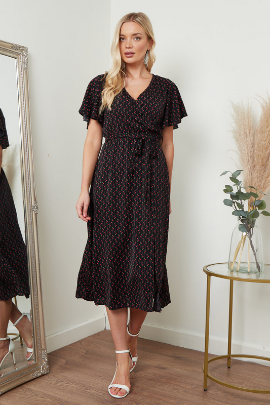 Angel Sleeves Midi Wrap Dress In Black Floral Print