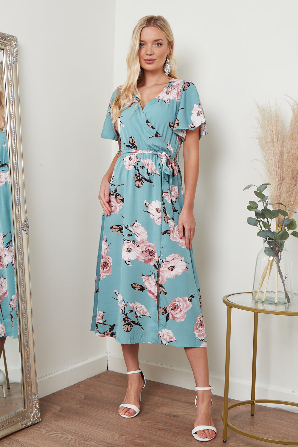 Angel Sleeves Midi Wrap Dress In Green Floral Print