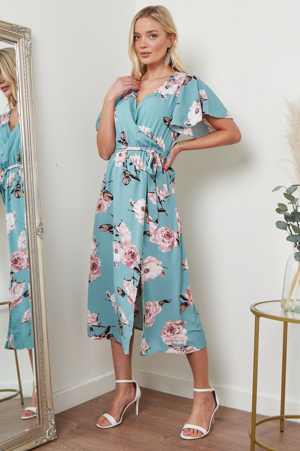 Angel Sleeves Midi Wrap Dress In Green Floral Print