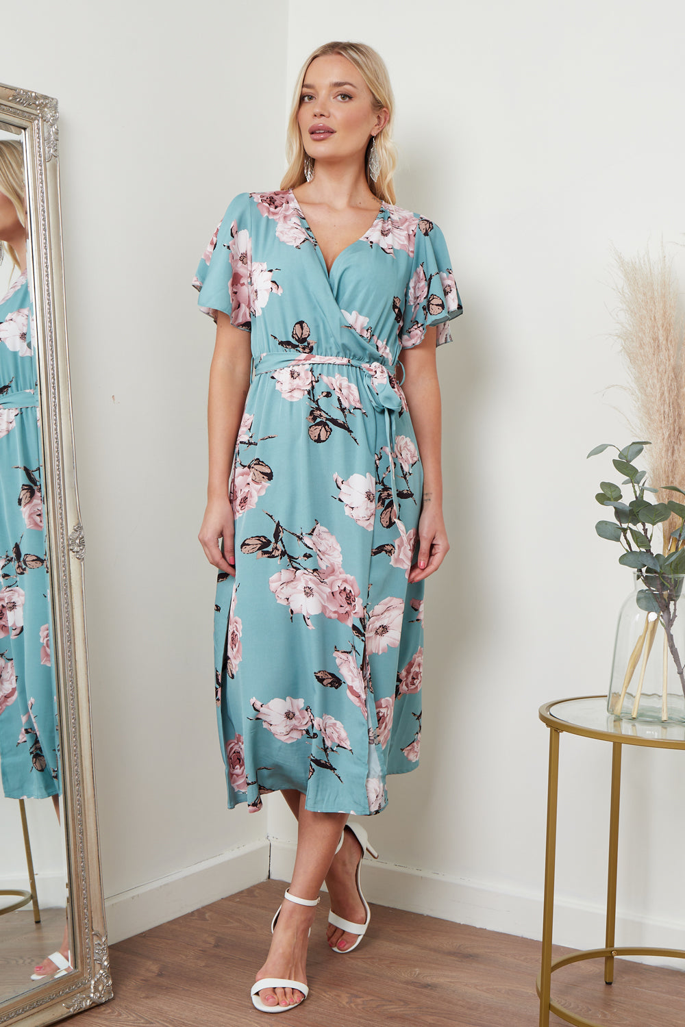 Angel Sleeves Midi Wrap Dress In Green Floral Print