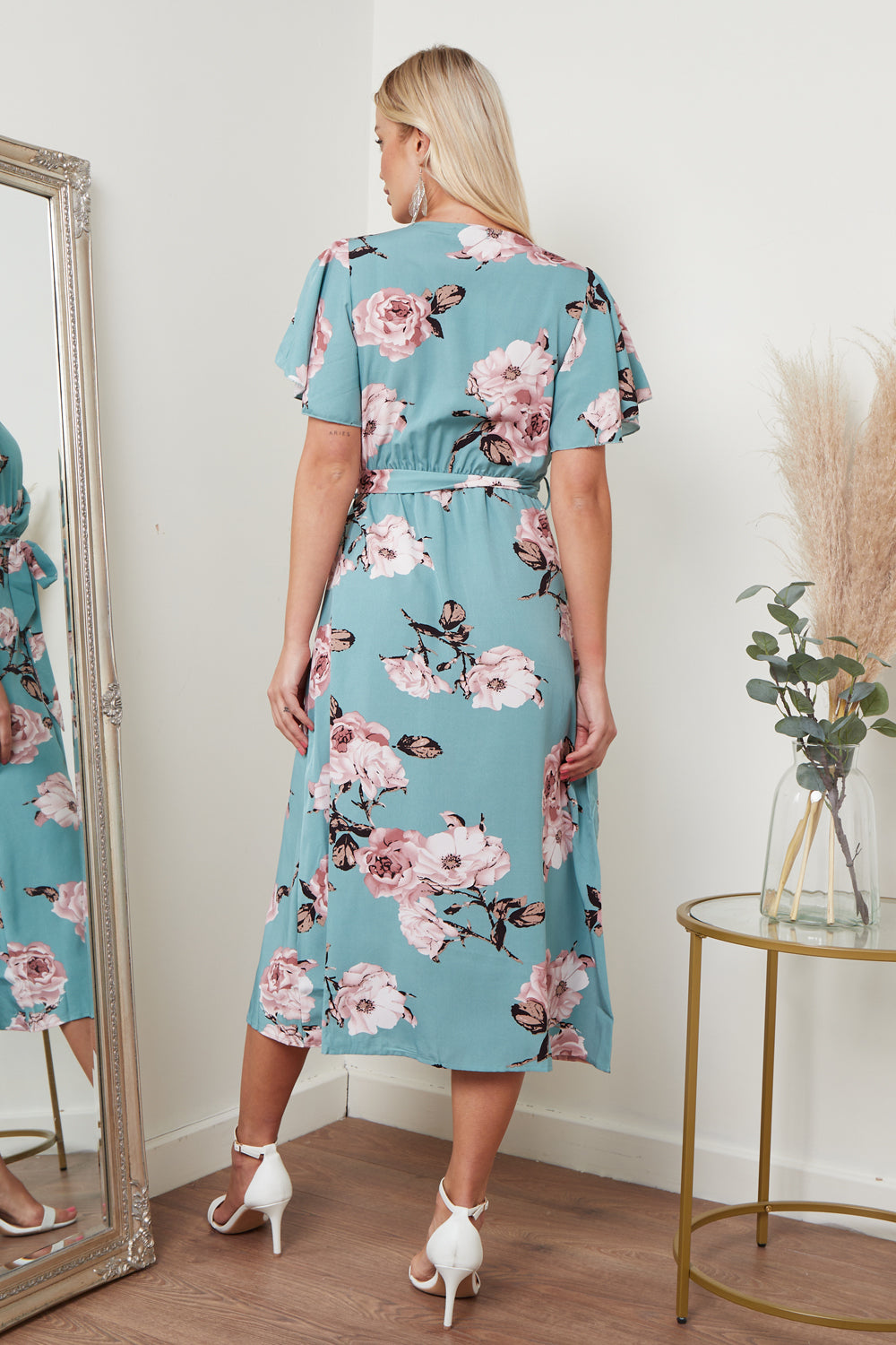 Angel Sleeves Midi Wrap Dress In Green Floral Print