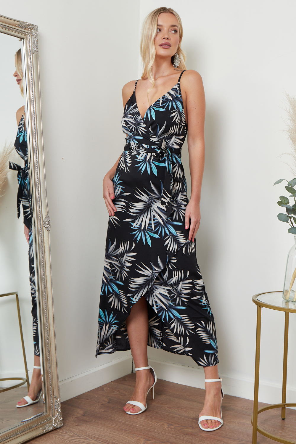 Cami Wrap Midi Dress In Black Palm Print