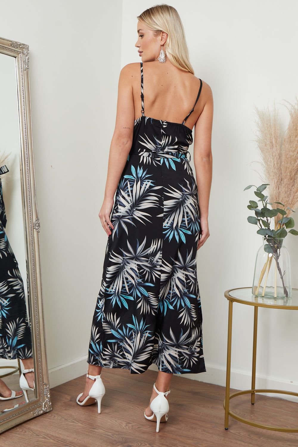 Cami Wrap Midi Dress In Black Palm Print