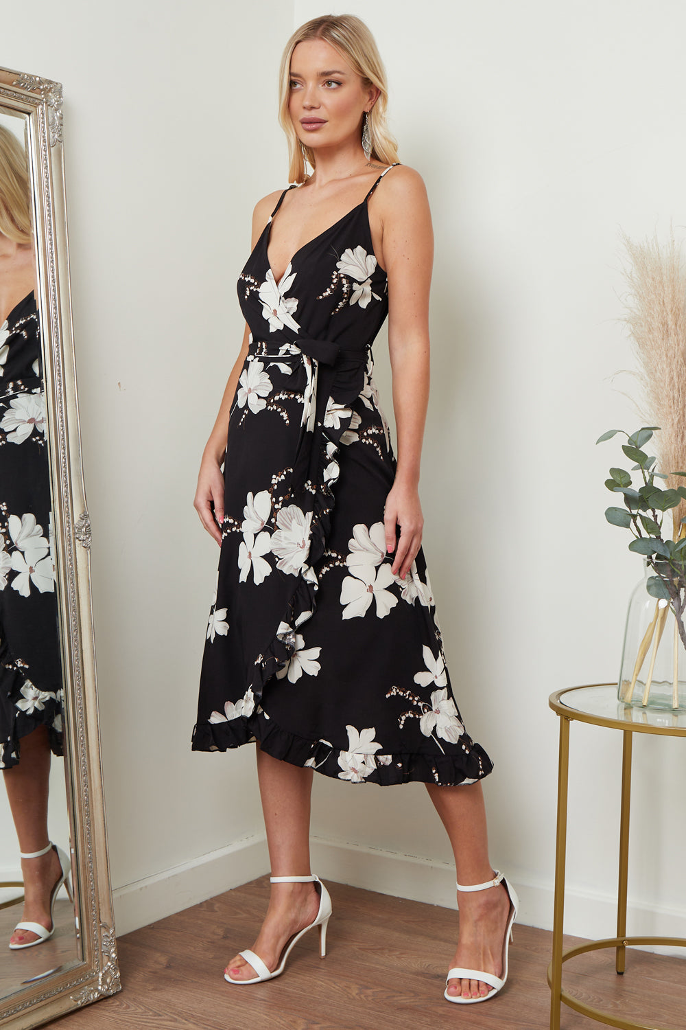 Black Floral Print Cami Midi Dress