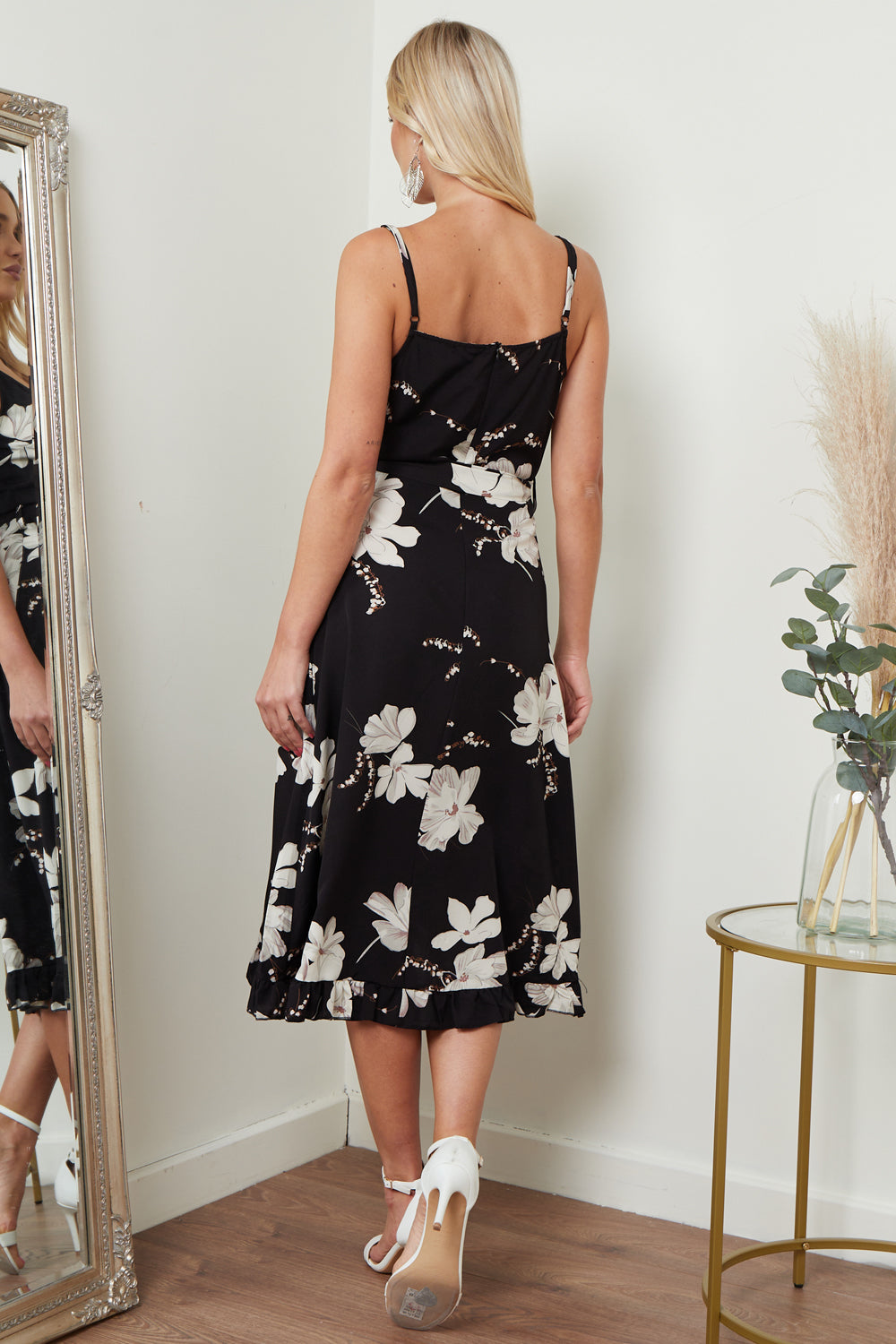 Black Floral Print Cami Midi Dress