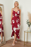 Cami Wrap Midi Dress In Red Floral Print