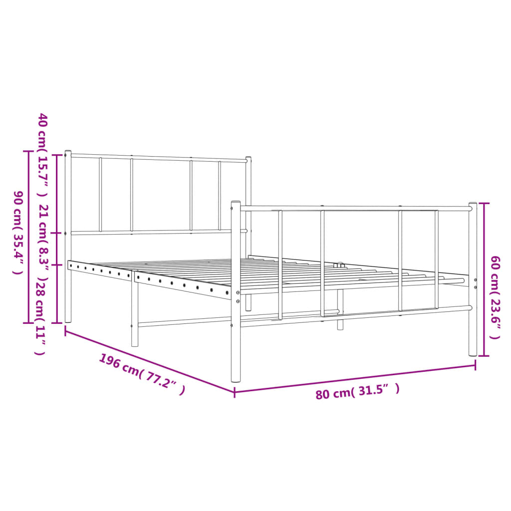 vidaXL Metal Bed Frame with Headboard and Footboard White 75x190 cm Small Single