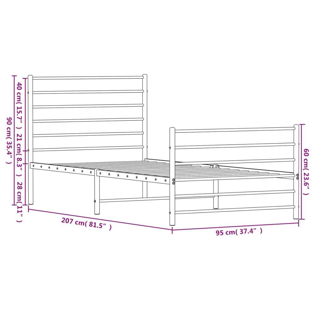 vidaXL Metal Bed Frame with Headboard and Footboard Black 90x200 cm