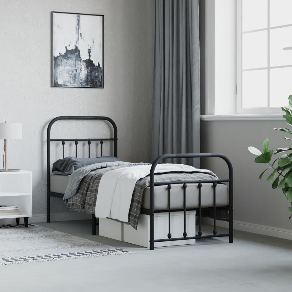 vidaXL Metal Bed Frame with Headboard and Footboard Black 75x190 cm Small Single