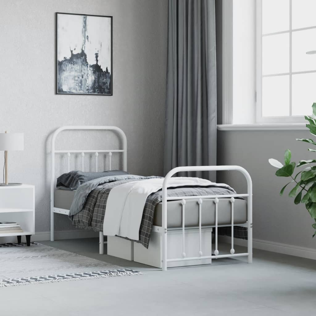 vidaXL Metal Bed Frame with Headboard and Footboard White 75x190 cm Small Single