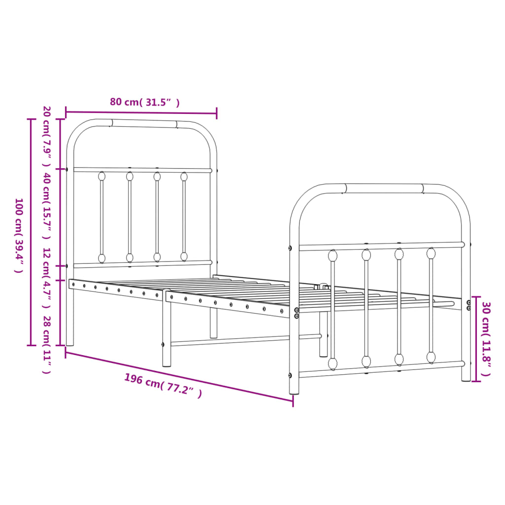 vidaXL Metal Bed Frame with Headboard and Footboard White 75x190 cm Small Single