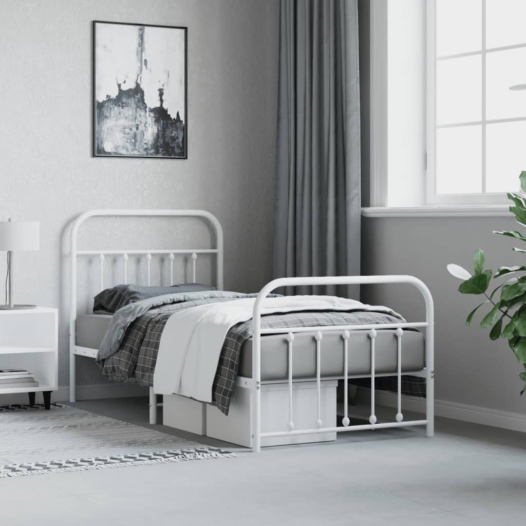 vidaXL Metal Bed Frame with Headboard and Footboard White 90x190 cm Single