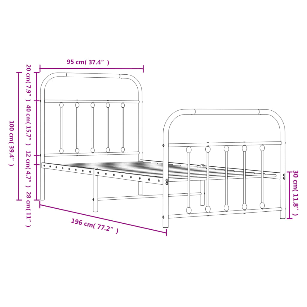 vidaXL Metal Bed Frame with Headboard and Footboard White 90x190 cm Single