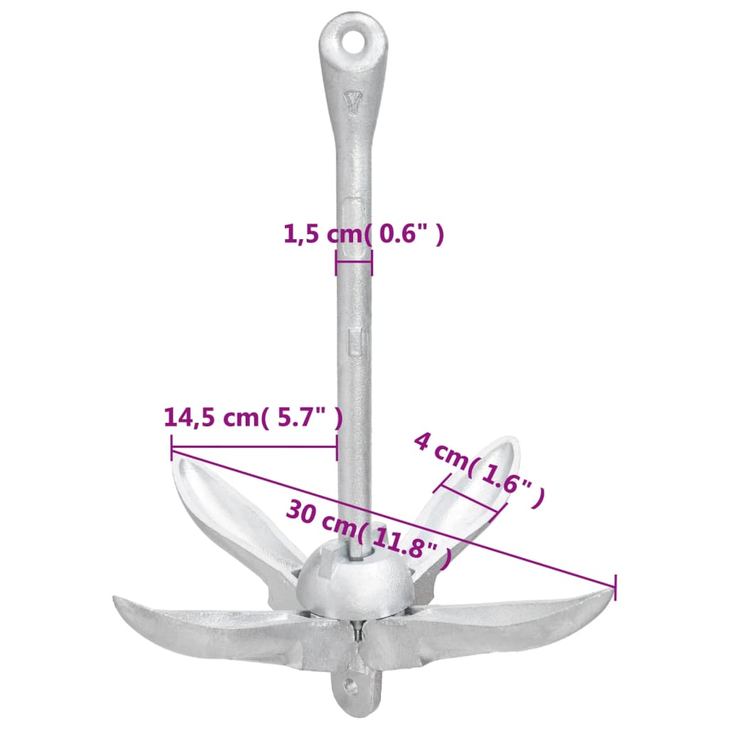 vidaXL Folding Anchor with Rope Silver 1.5 kg Malleable Iron