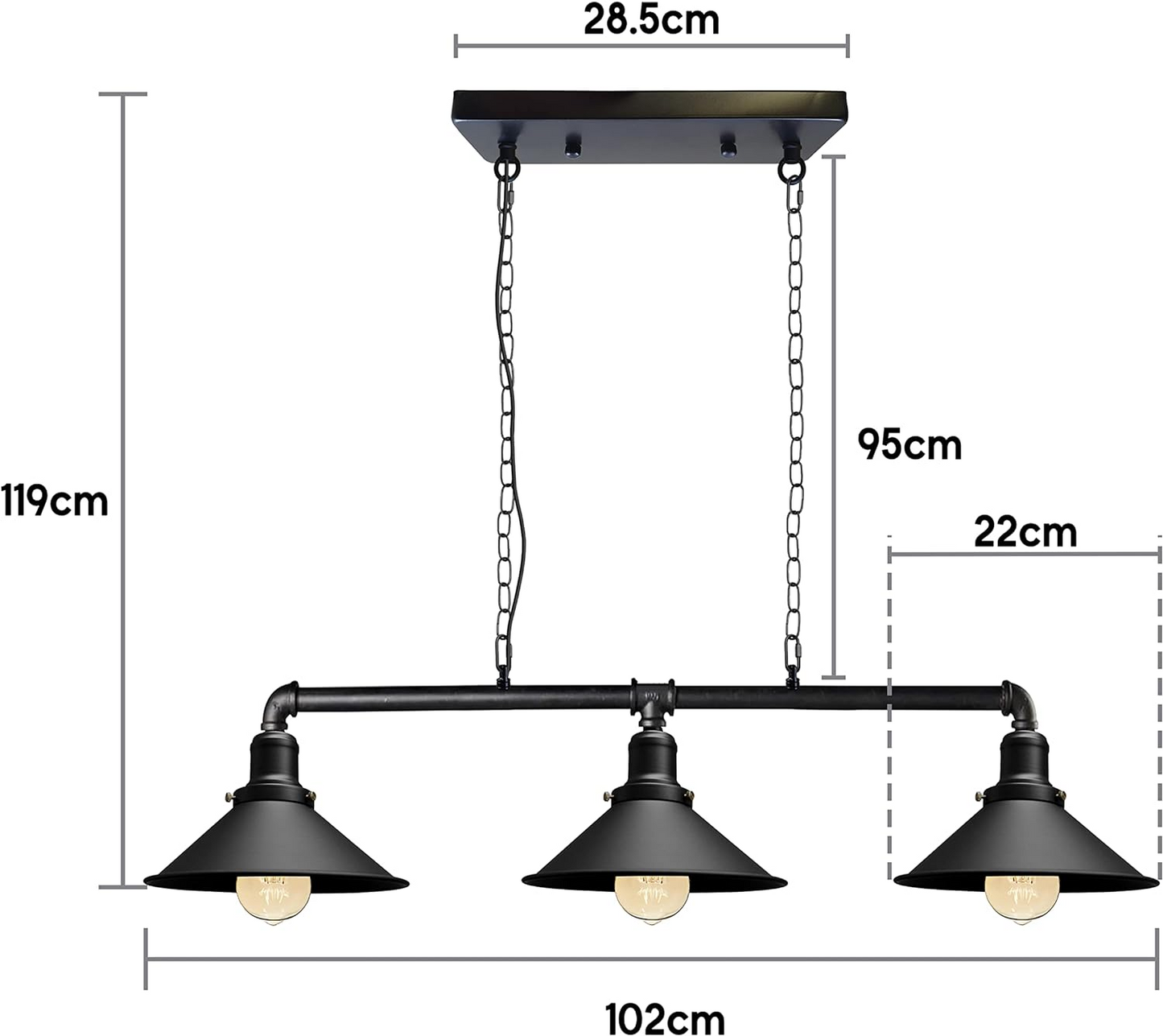 3 Way Vintage Cabin Metal Ceiling Pipe Light Steampunk Lamp Shades