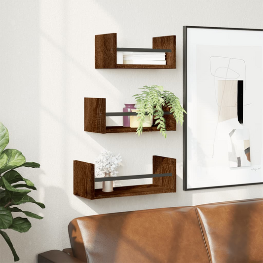 3 Piece Wall Shelf Set with Bars Brown Oak Engineered wood