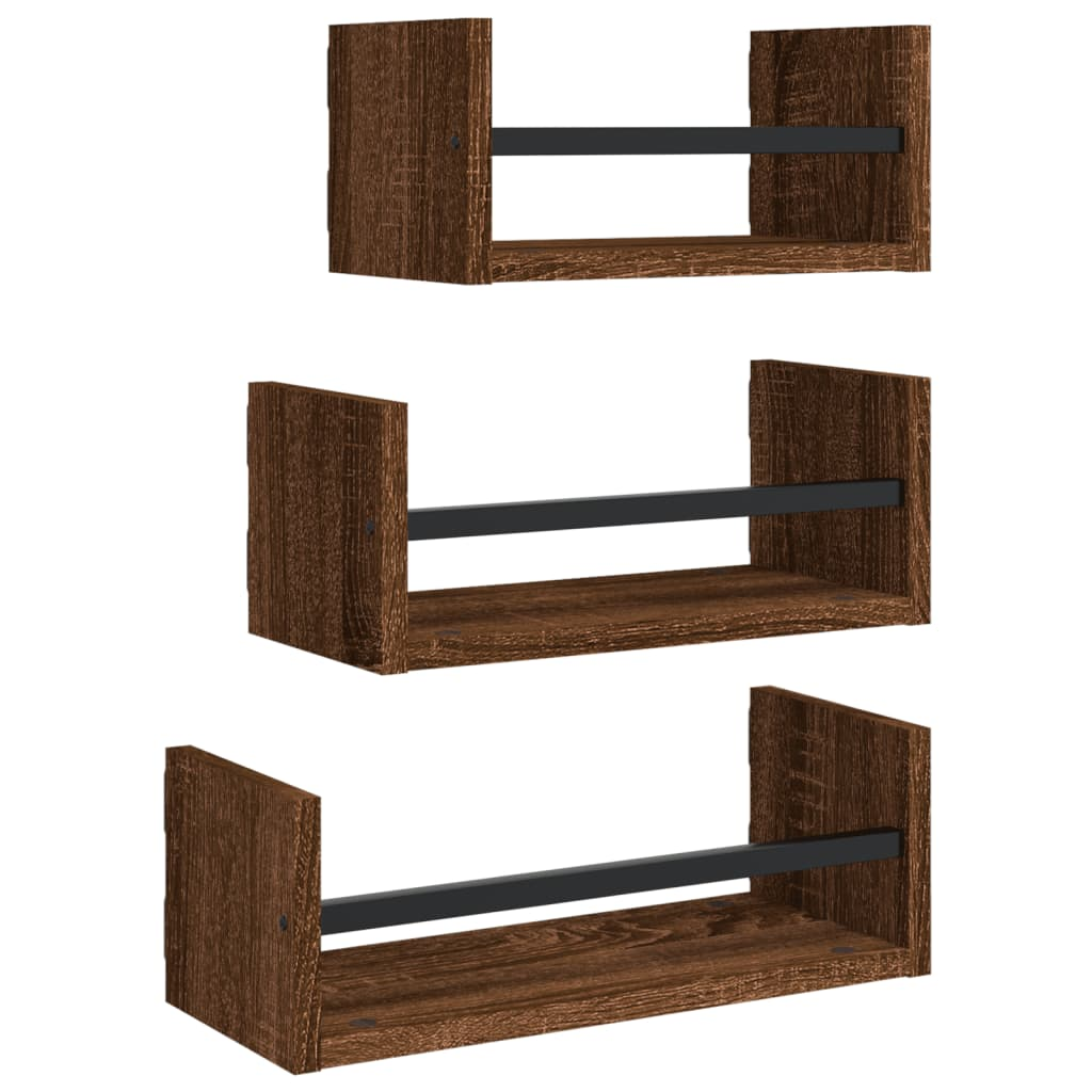 3 Piece Wall Shelf Set with Bars Brown Oak Engineered wood