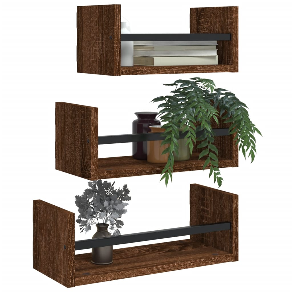 3 Piece Wall Shelf Set with Bars Brown Oak Engineered wood