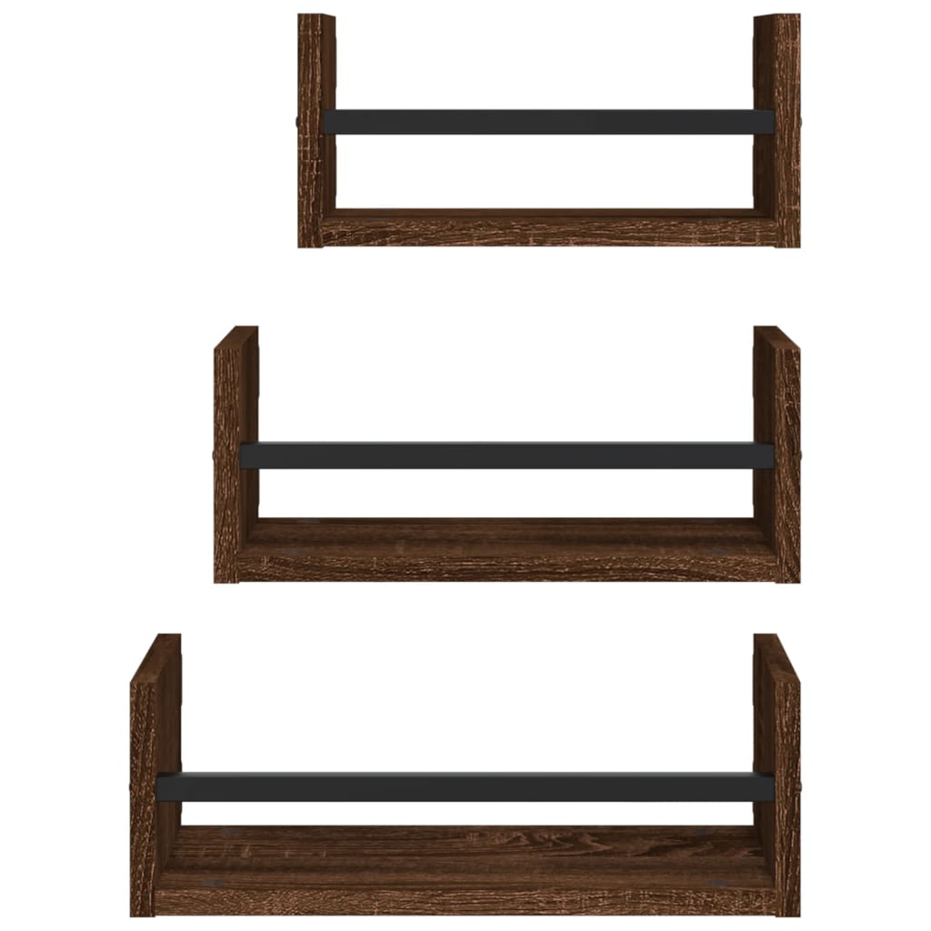 3 Piece Wall Shelf Set with Bars Brown Oak Engineered wood