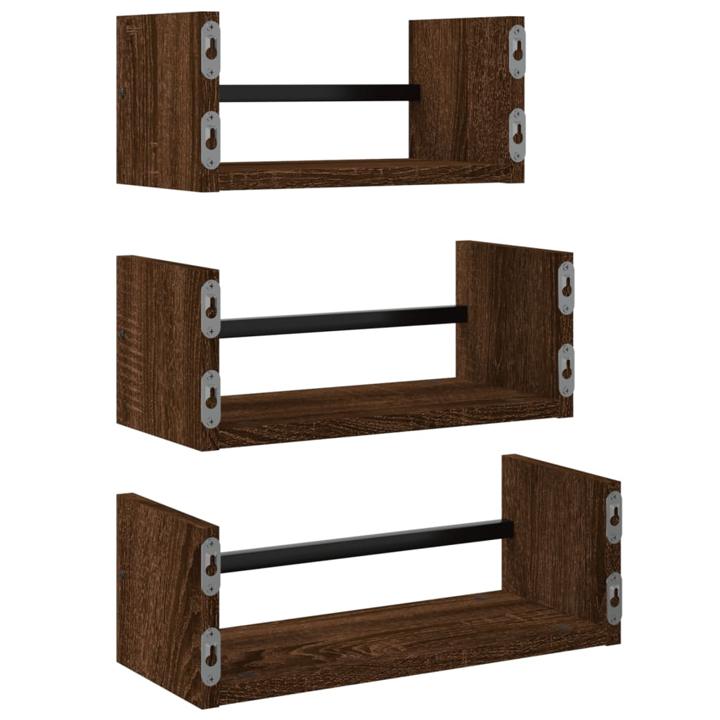 3 Piece Wall Shelf Set with Bars Brown Oak Engineered wood