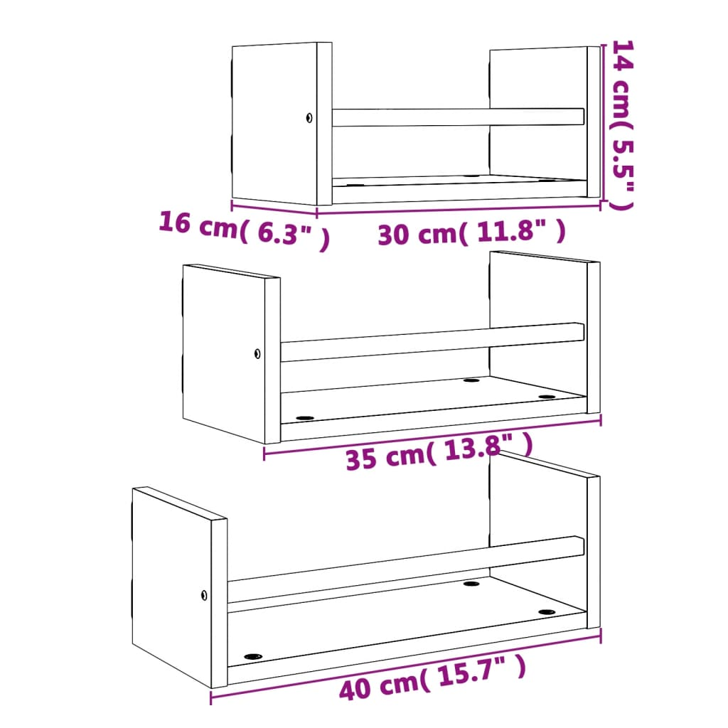 3 Piece Wall Shelf Set with Bars Brown Oak Engineered wood