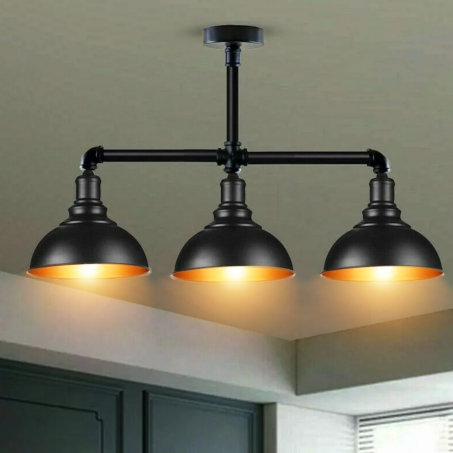 Industrial Vintage Retro Ceiling Pipe Light Black Dome Shade E27 UK Flush Lights