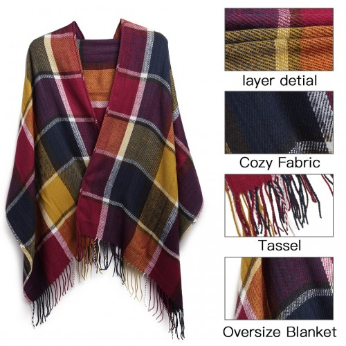 Women Fashion Long Shawl Grid Tassel Winter Warm Lattice Large Scarf - Purple