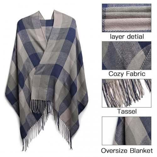 Women Fashion Long Shawl Grid Tassel Winter Warm Lattice Large Scarf - Grey