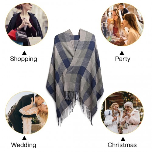 Women Fashion Long Shawl Grid Tassel Winter Warm Lattice Large Scarf - Grey