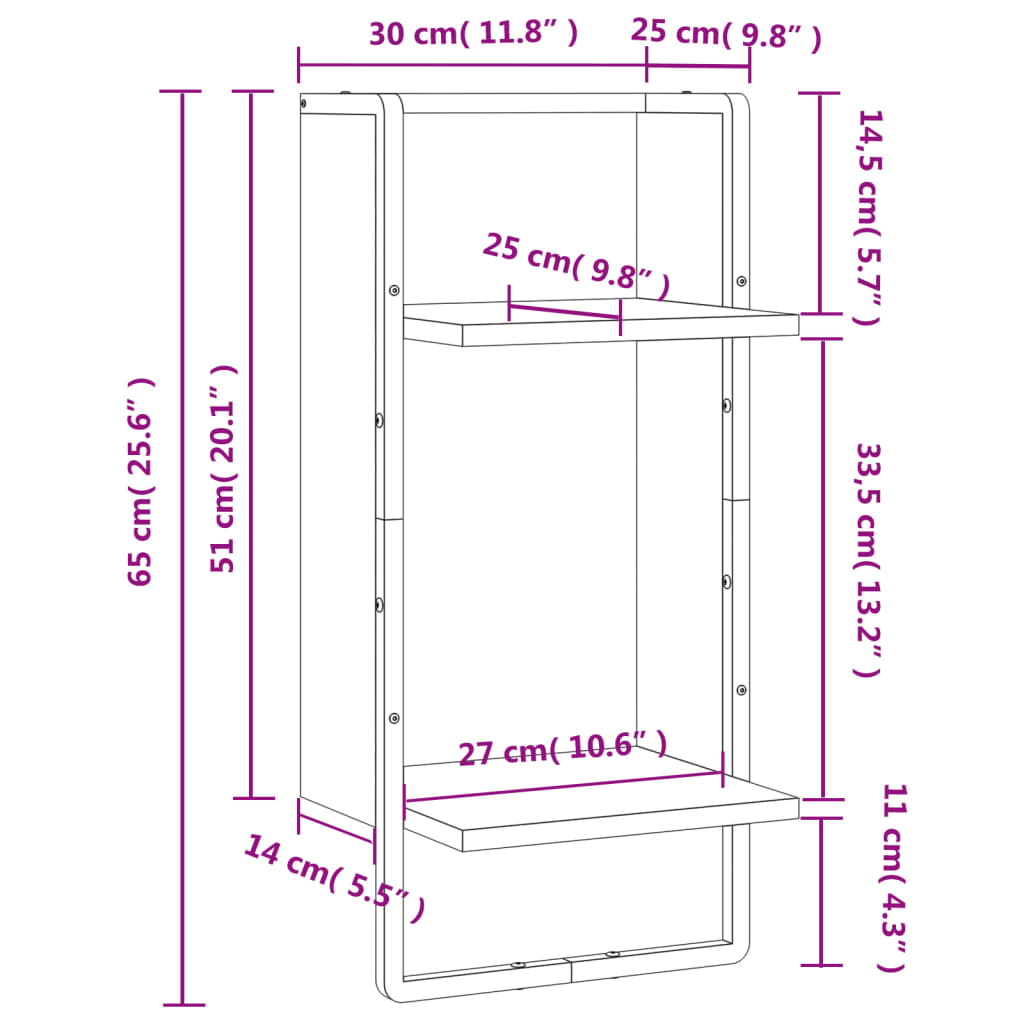 Wall Shelf with Bar Black 30x25x65 cm