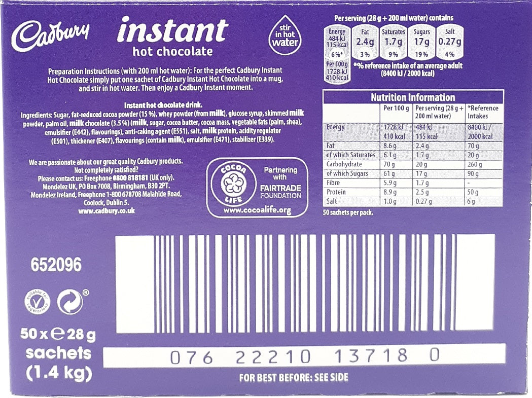 CADBURY Hot Chocolate Instant Sachets 28g Powder Drink Individually Packed Stick