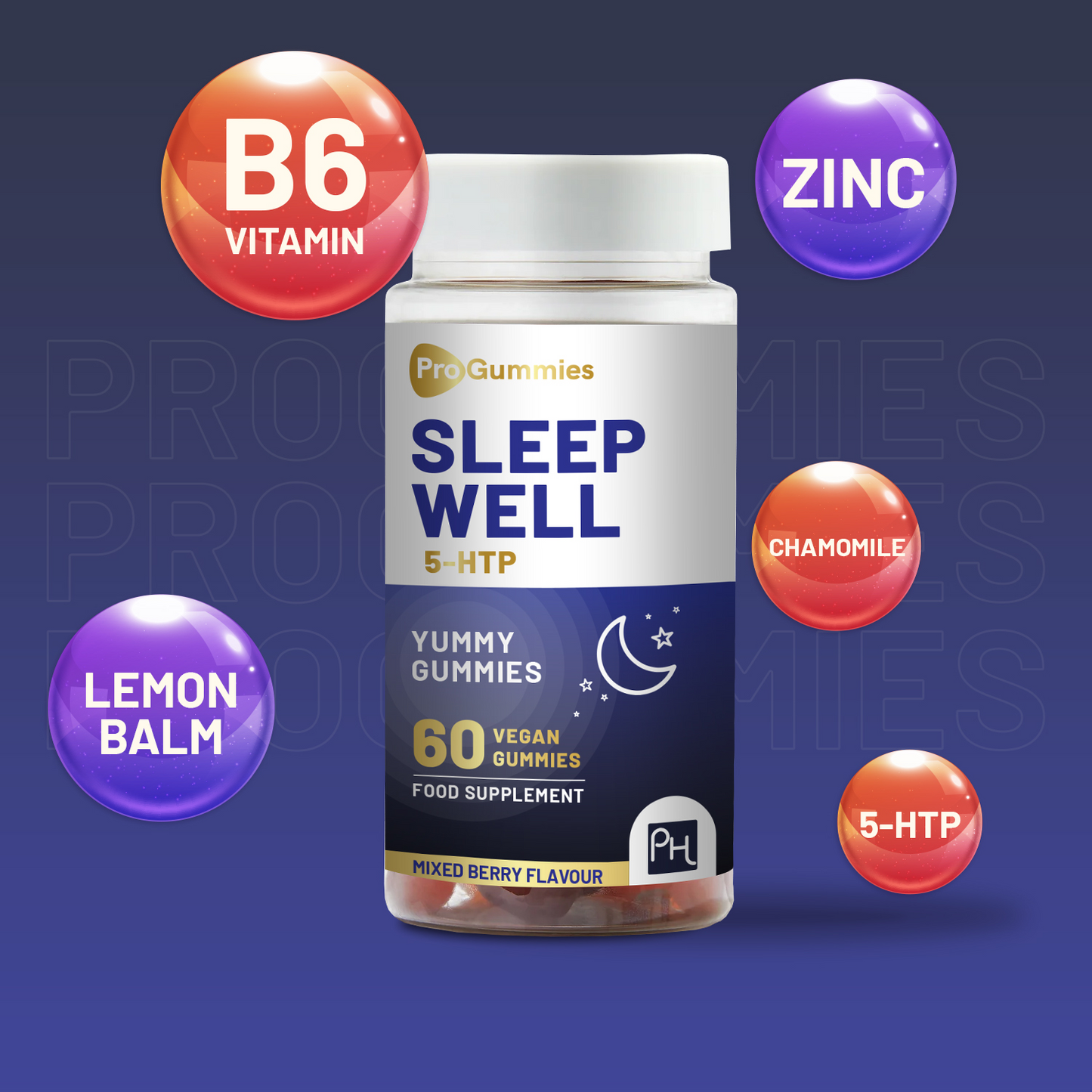 5HTP Sleep Well Gummies | 60 Vegan Pro Gummies | 1000mg Griffonia Seed Extract per serving | Yummy Mixed Berry Flavour | Natural Melatonin with Chamomile, Lemon Balm, Vitamin B6 and Zinc by Prowise