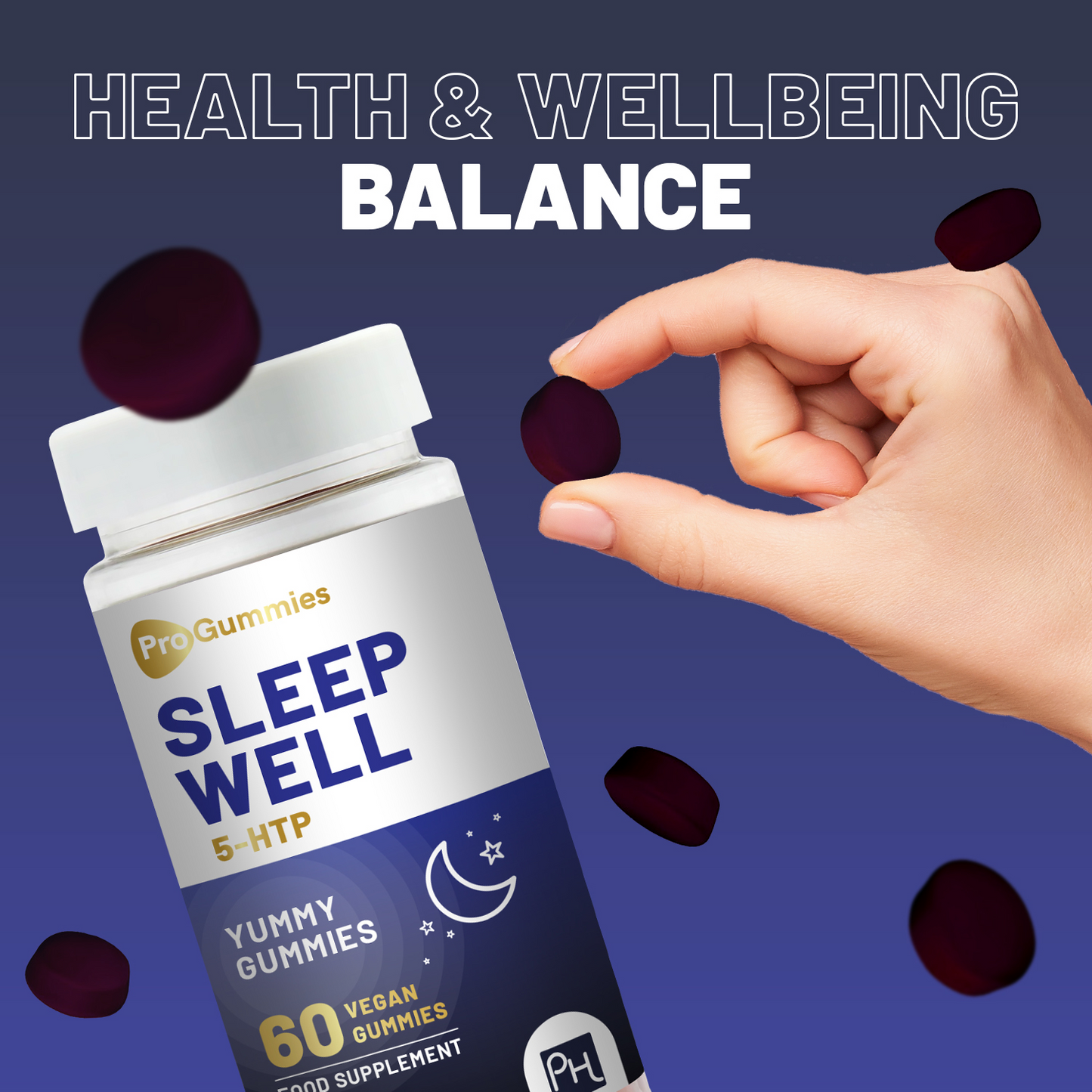 5HTP Sleep Well Gummies | 60 Vegan Pro Gummies | 1000mg Griffonia Seed Extract per serving | Yummy Mixed Berry Flavour | Natural Melatonin with Chamomile, Lemon Balm, Vitamin B6 and Zinc by Prowise