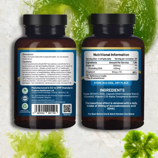 Prowise Vegan Omega-3 DHA from Algae Oil | 60 Softgels with Vitamin E | 400mg DHA + 10mg Vitamin E | 100% Plant-Based | Supports Brain, Eye, and Joint Health | Pure & Sustainable Sourced