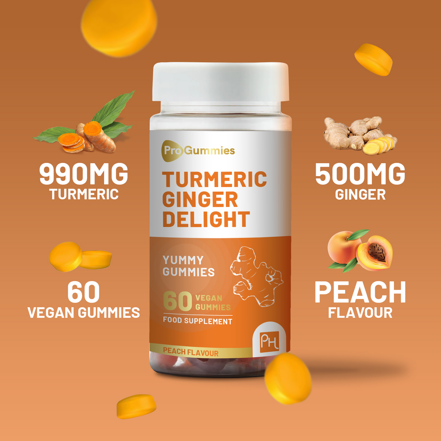 Turmeric and Ginger Gummies | 60 Vegan Pro Gummies | Natural Peach Flavour | Mouth-Watering Gummies for Overall Health and Well-Being by Prowise