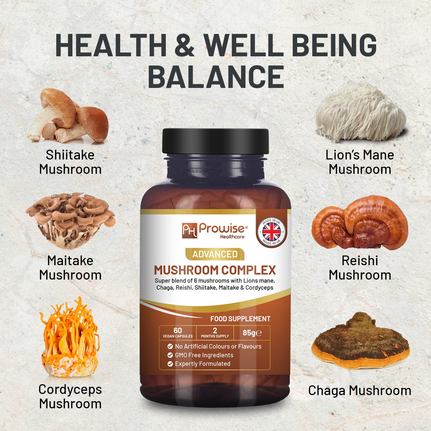 Advanced Mushroom Complex | A super blend of 6 Mushroom with Lions Mane, Chaga, Cordyceps, Shiitake, Reishi and Maitake | 60 Vegan High Strength Capsules | Made in UK