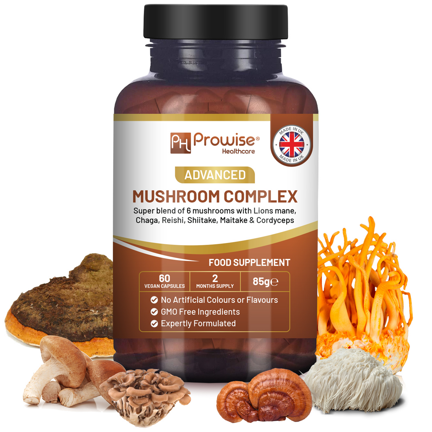 Advanced Mushroom Complex | A super blend of 6 Mushroom with Lions Mane, Chaga, Cordyceps, Shiitake, Reishi and Maitake | 60 Vegan High Strength Capsules | Made in UK