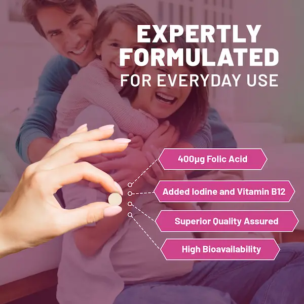 Folic Acid+ 400 mcg - Vegan Tablets with Vitamin B12 & Iodine | Vitamin B9 Tablets | Pregnancy Care Supplement