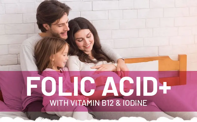 Folic Acid+ 400 mcg - Vegan Tablets with Vitamin B12 & Iodine | Vitamin B9 Tablets | Pregnancy Care Supplement